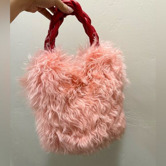 Flamingo Pink Handmade Real Shearling Leather Lambskin Braided Top Handles Bag - Picture 4 of 16